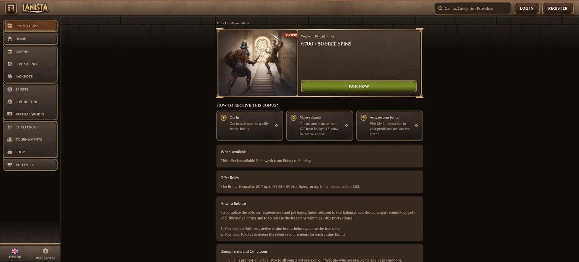 Lanista Casino Login: 1 De Aktionen Weekend Reload